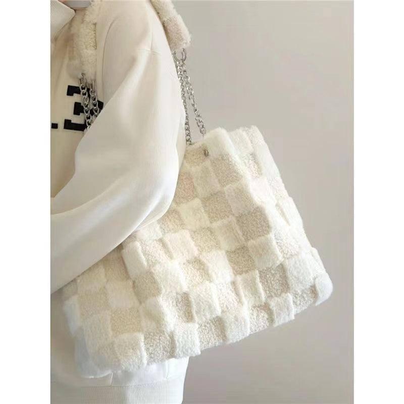 White Plush One Shoulder Bag Casual Tote Bag-White-5