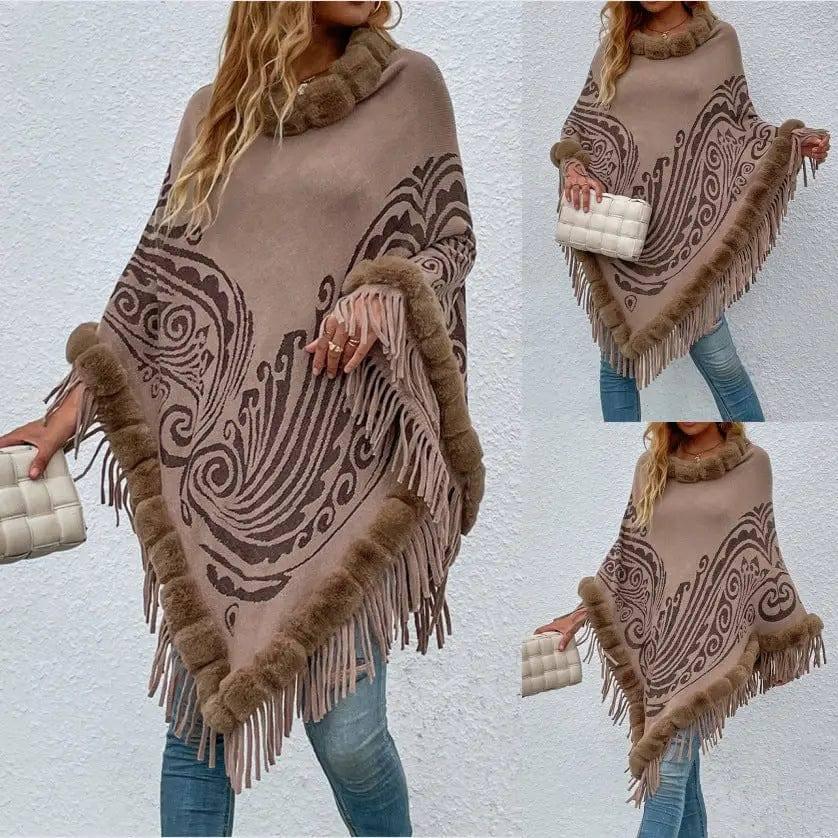 Winter Fur Collar And Fringed Shawl-Khaki-1