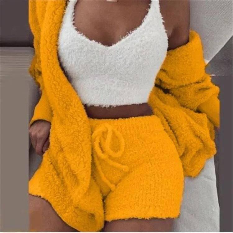 Winter Women Home Wear Suit Casual Pajamas Set Lady Female Soft Warm Long Sleeve Exposed Navel Vest Shorts Set-Yellow-5