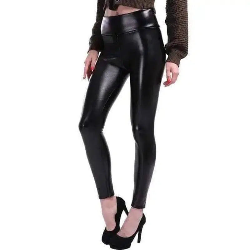 Women Autumn Winter Elastic Trousers Stretch Black PU-Thin section-3