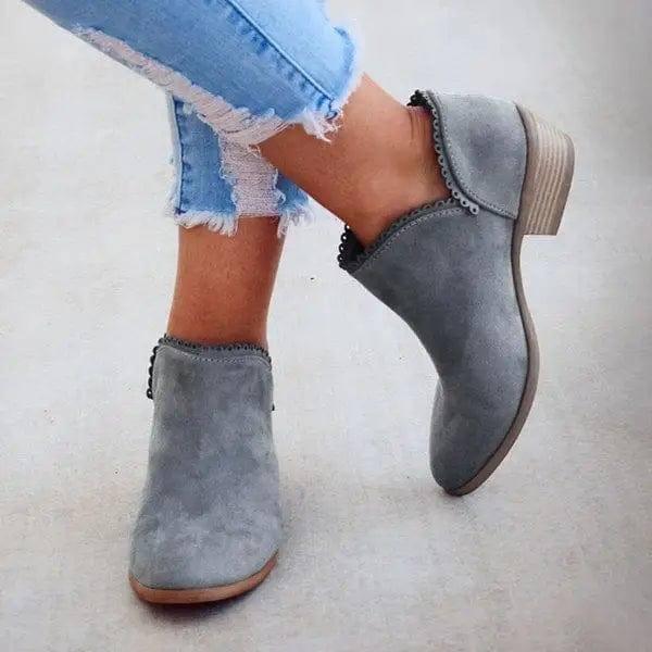 Women Booties Slip On Low Heel Ankle Boots-Gray-8