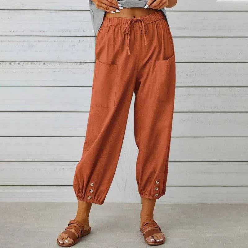 Women Drawstring Tie Pants Spring Summer Cotton And Linen Trousers With Pockets Button-Brick Red-2