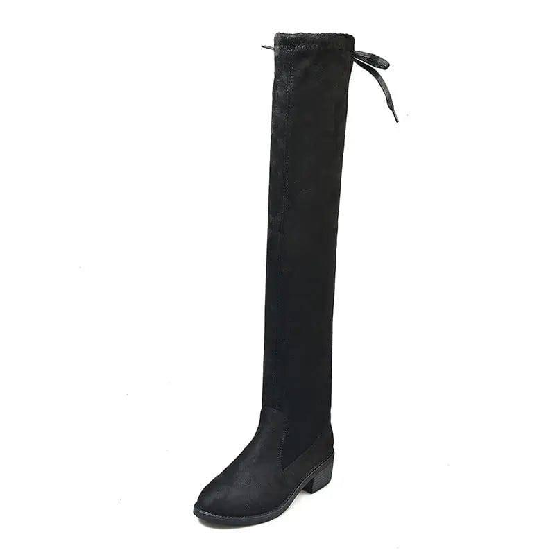 Women Fleece Flat Elastic Over Knee Slim Boots-Suede single lining-3