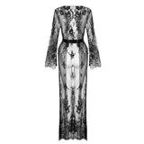 Women Long Sleeve Lace Dress Fashion Solid Perspective-M-1