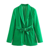 Women's Clothing With Belt Casual Suit Jacket Pants-Green Suit-13