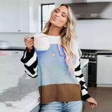 Women's color stitching sweater pullover sweater-Blue-6