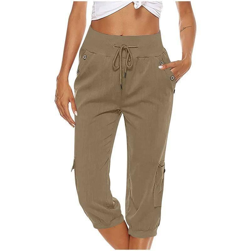 Women's Cropped Pants Cotton Linen Cargo Pocket Casual Pants Sapphire Blue / 2XL-Khaki-2