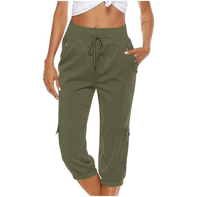 Women's Cropped Pants Cotton Linen Cargo Pocket Casual Pants Sapphire Blue / 2XL-Army Green-4