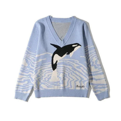 Women's Dolphin Printing Long Sleeve Loose Sweater-4