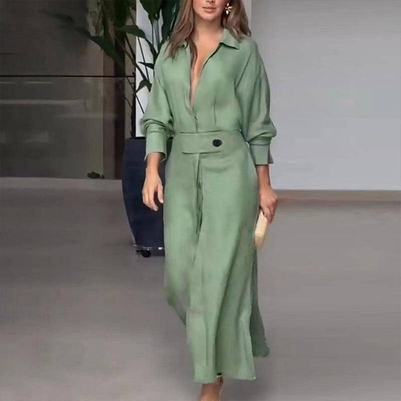 Women's Elegant Tied Solid Color Waisted Long-sleeved Shirt Dress-4