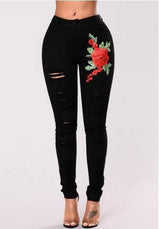 Women's Fashion Embroidery Ripped Black Denim Elastic Pants-Black-5