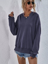 Women's Fleece-lined Hooded Casual Loose Sweater-Dark Blue-6