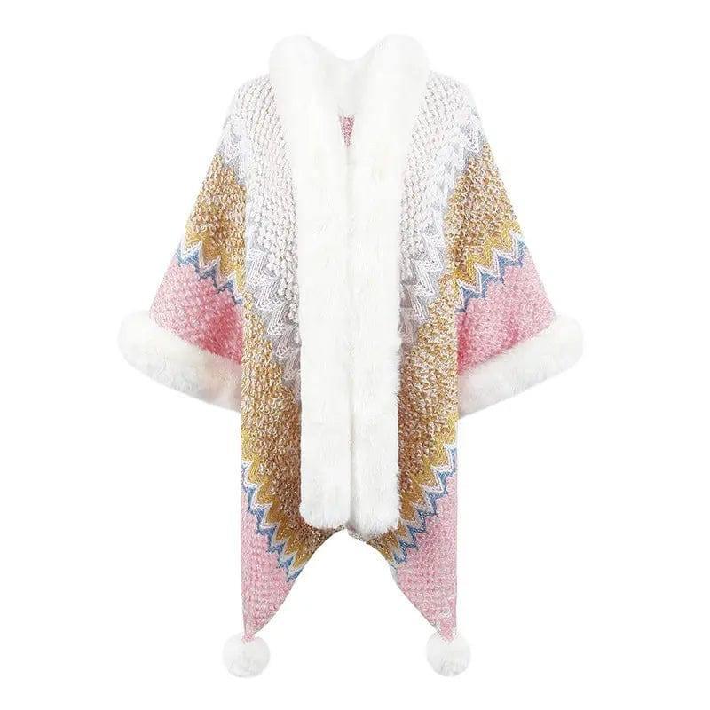 Women's Fur Collar Inverness Striped Ethnic Style-Pink-4