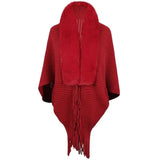 Women's Fur Collar Tassel Shawl Knitted-Red-4