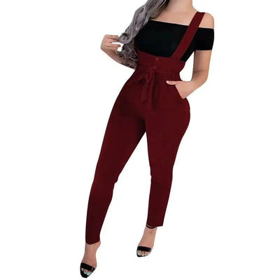 Women's high waist casual jumpsuit suspenders-Winered-13