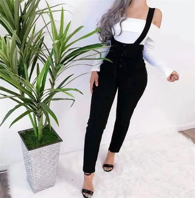 Women's high waist casual jumpsuit suspenders-Black-23