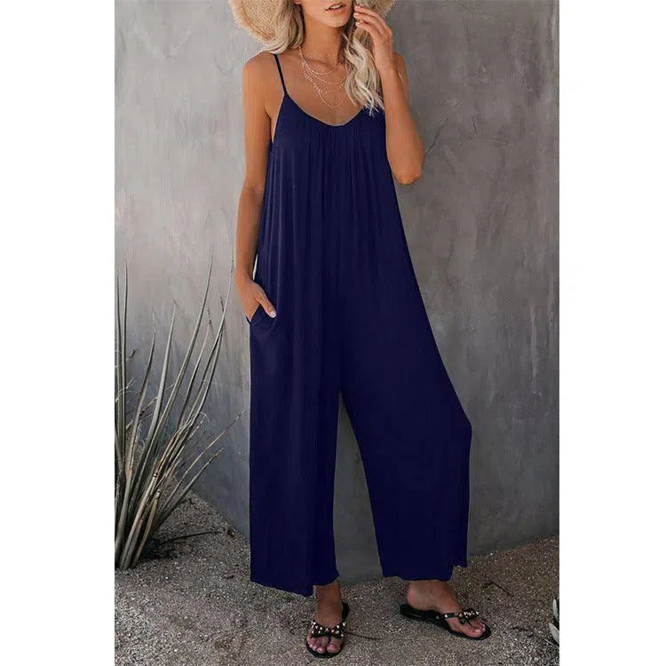 Women's Loose Sleeveless Jumpsuits Romper Jumpsuit With Pockets Long Pant Summer-Dark blue-7