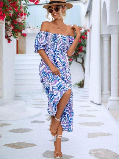 Women's Off-shoulder Smocking Printed Dress-7