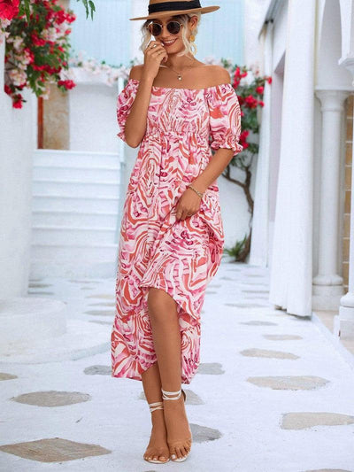 Women's Off-shoulder Smocking Printed Dress-9