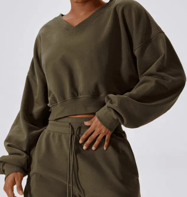 Women's Outdoor Keep Warm V-neck Pullover Leisure Loose Long-Olive Green-4