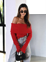 Women's Patchwork Off-shoulder Knitted Top-Red-5