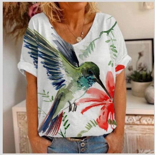 Women's Printed Short-sleeved T-shirt V-neck Loose Top-Style 6-8