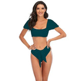 Women's Puff Sleeve Backless Bikini Split Swimsuit-Blue-3