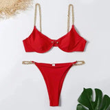 Women's Sexy Split Chain Solid Color Halter Strap Bikini-Red-4