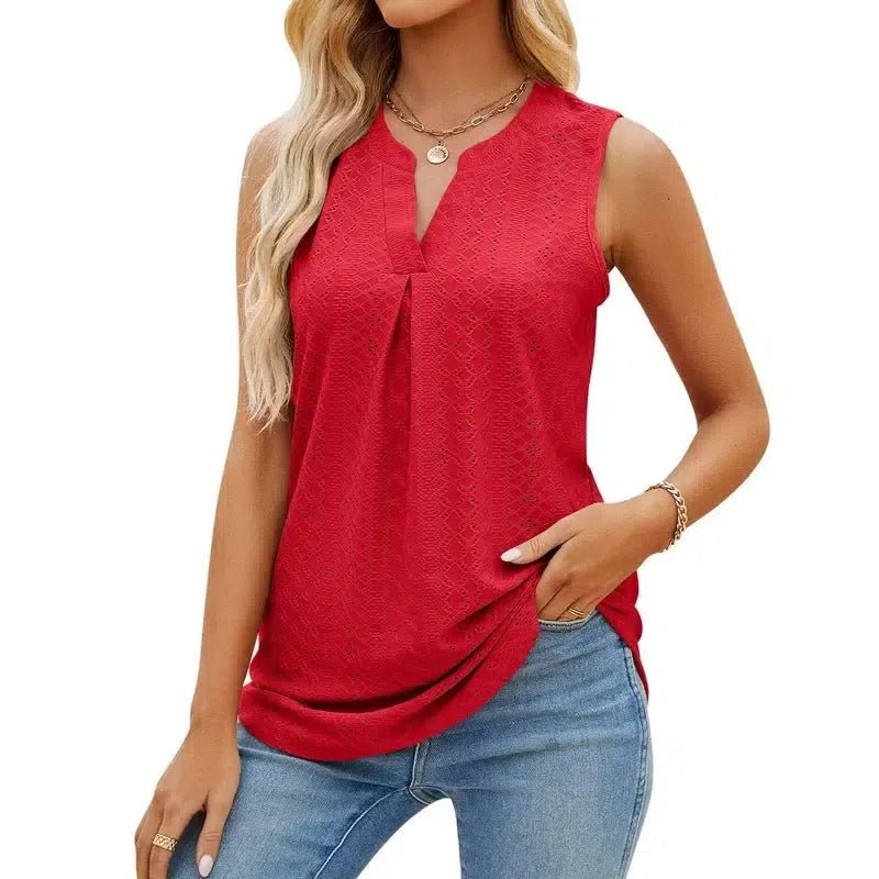 Women's Sleeveless T-shirt Summer Hole V-Neck Slim Fit Tank-Red-8