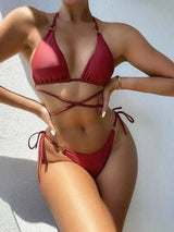 Women's Solid Color Bandage Split Swimsuit Bikini-WineRed-1