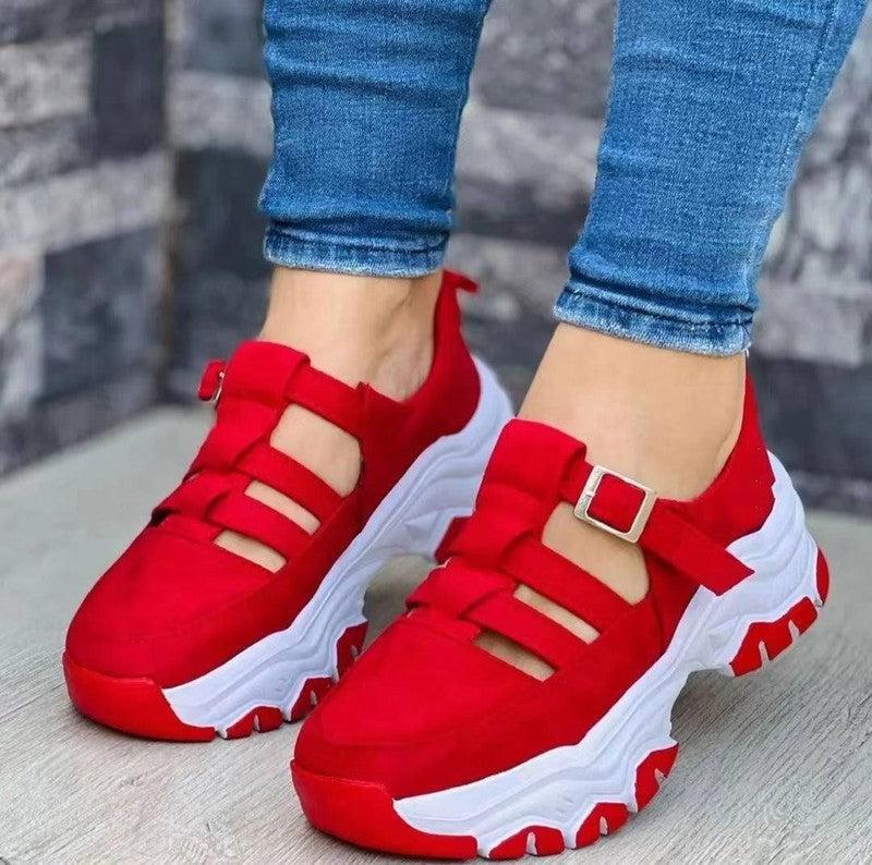 Women's Sports Shoes Buckle Thick-soled Flat Shoes Summer Sandals-Red-4