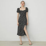 Women's Square Collar Floral Dress Black Slit Puff Sleeve-Black Long-1