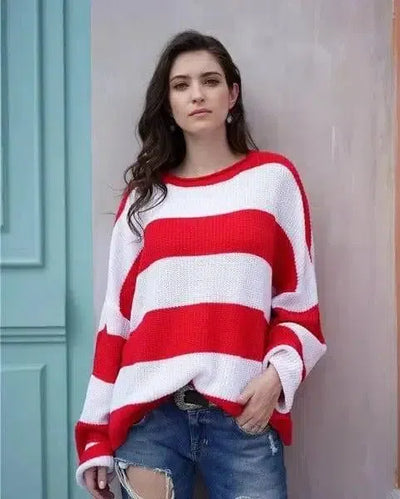 Women's sweater women's striped colorblock sweater-Red-10