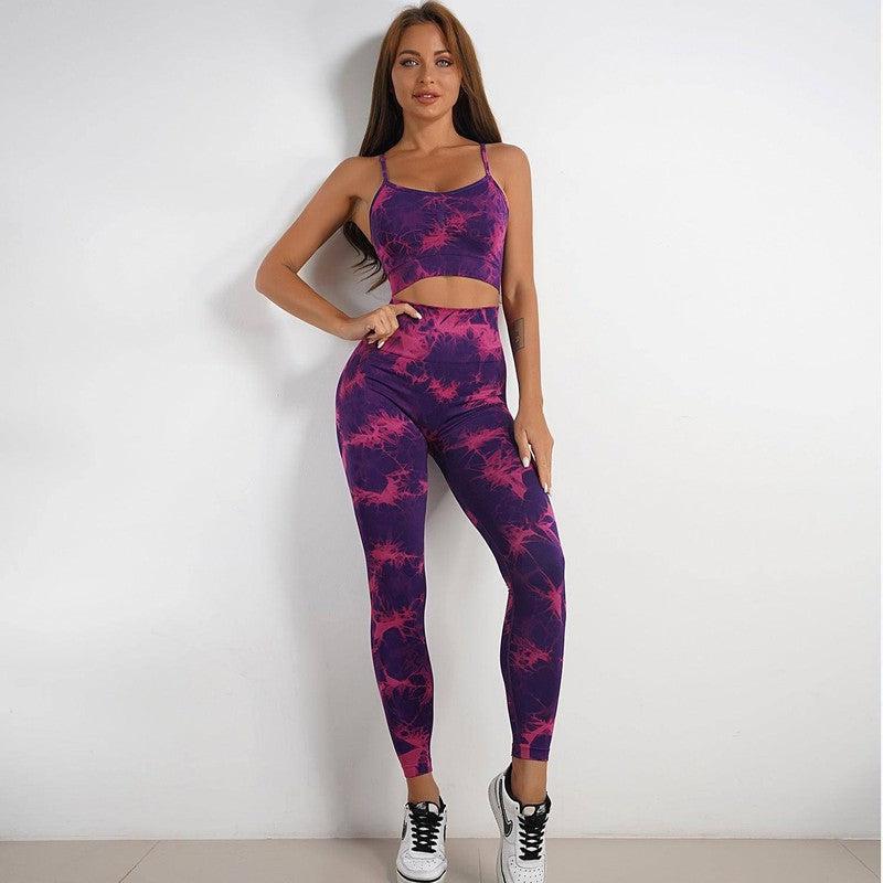 Women's Tie-dye Print Yoga Suit Women Fitness Sports High Waist Trousers Or Shorts Set-Purple red trousers suit-10