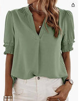 Women's V-neck Casual Short-sleeved Solid Color Chiffon-Green-10