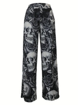 Women Stylish Skulls Printed Wide Leg PanT With Pockets Red / M-5