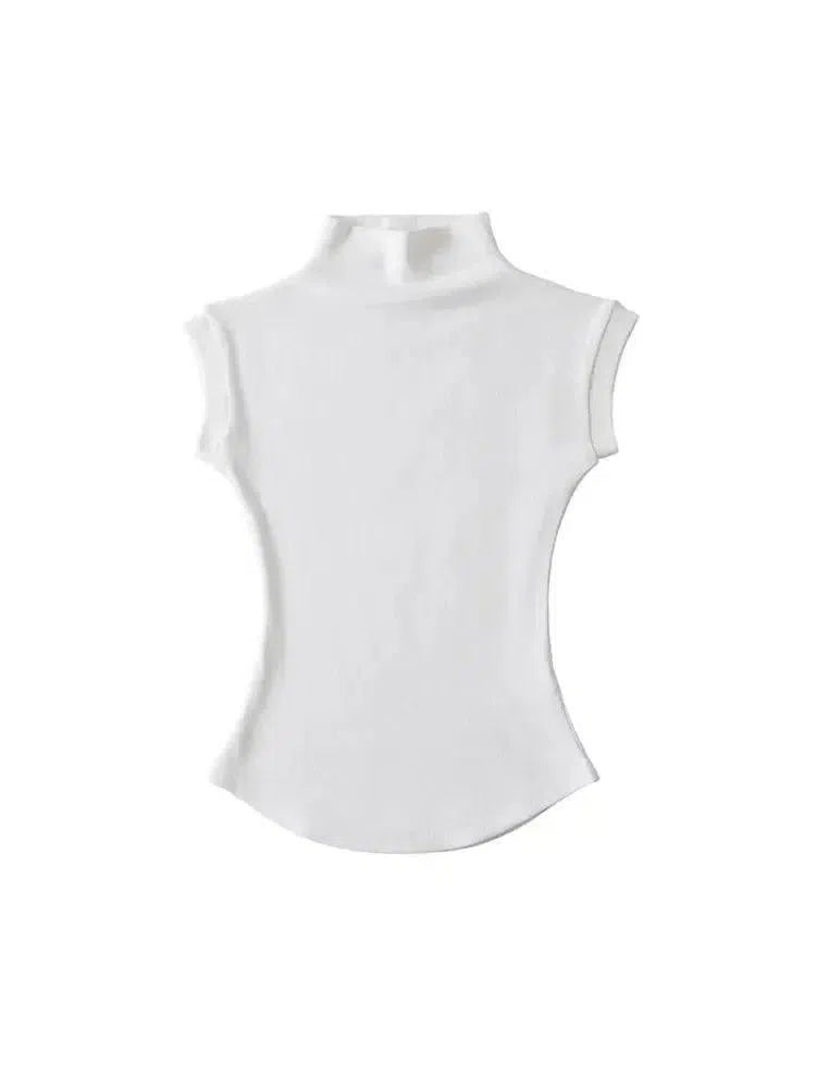 Women Summer Turtleneck Sleeveless T-Shirts Tops Solid-WHITE-9