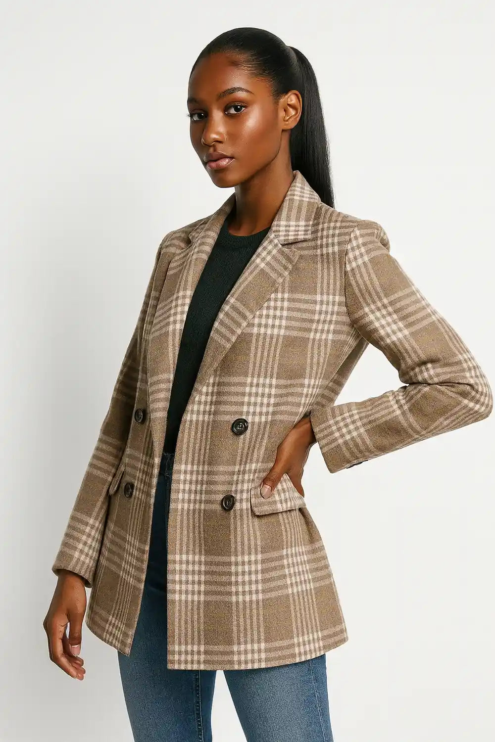 Women's Brown Plaid Blazer – Classic Double-Breasted Checked Jacket