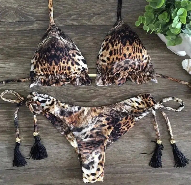 Skull leopard print split bikini-5210Style-1