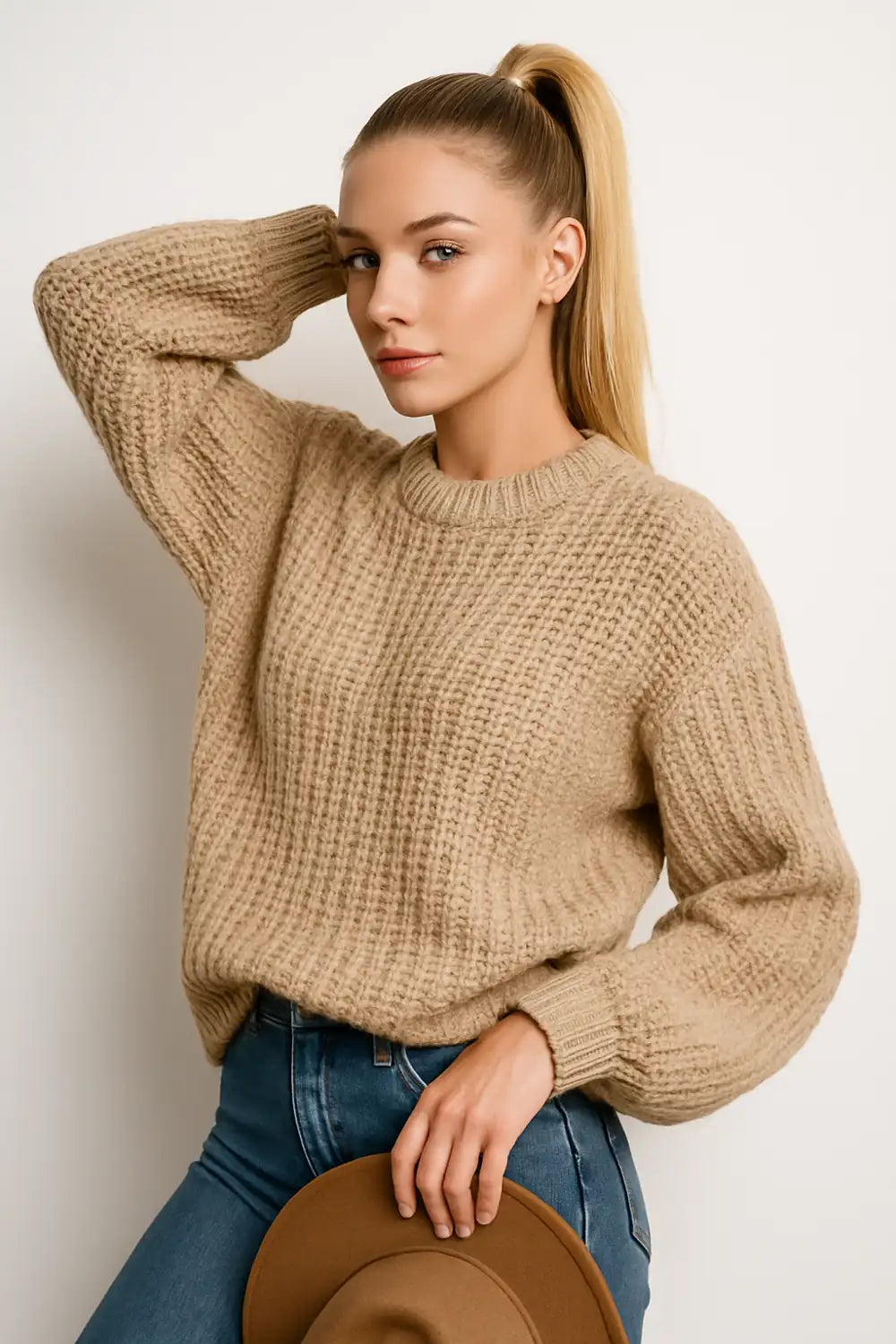 Beige chunky knit sweater for women - cozy oversized winter pullover