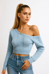 Women’s off-shoulder knit sweater in light blue – trendy cropped fit for fall outfits