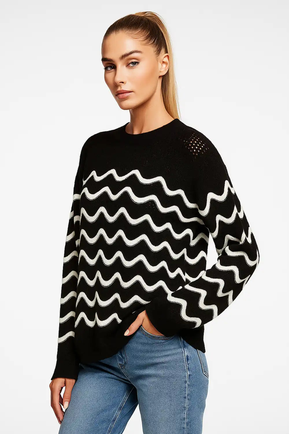 Black and mustard wave pattern knit sweater for women - trendy casual pullover