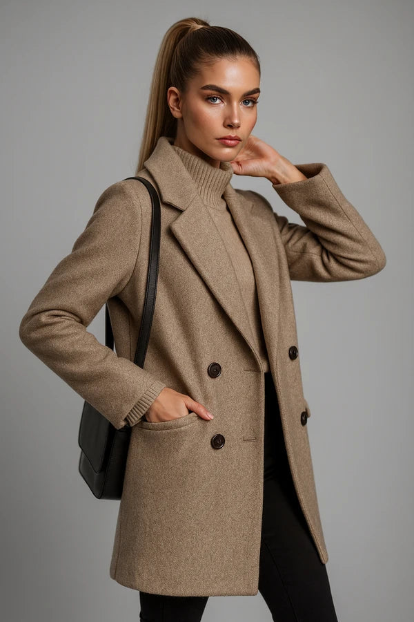 Stylish women's beige trench coat with lapel collar and double-breasted design